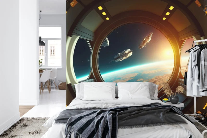 Spaceship Window View Wall Mural, Outer Space Kids Room Decor