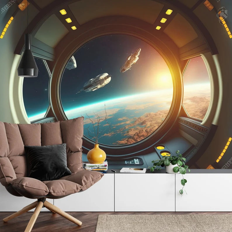 Spaceship Window View Wall Mural, Outer Space Kids Room Decor