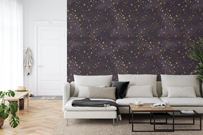 Starry Night Wallpaper Mural: Purple and Gold Shining Stars