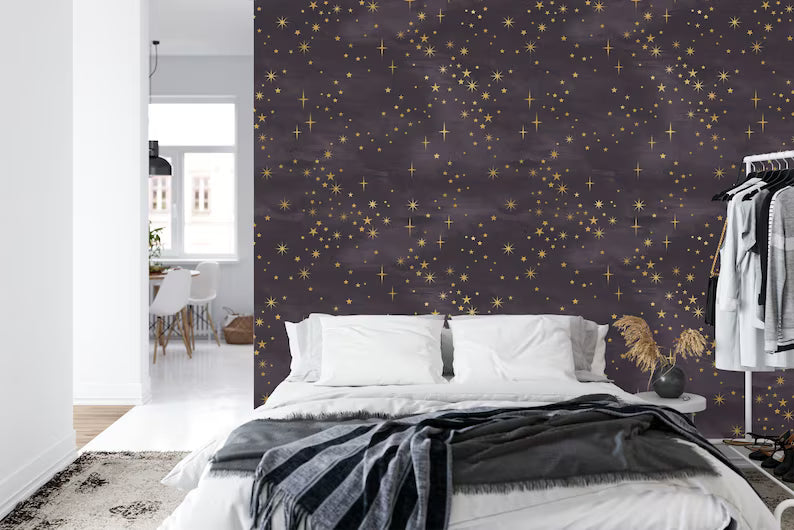Starry Night Wallpaper Mural: Purple and Gold Shining Stars