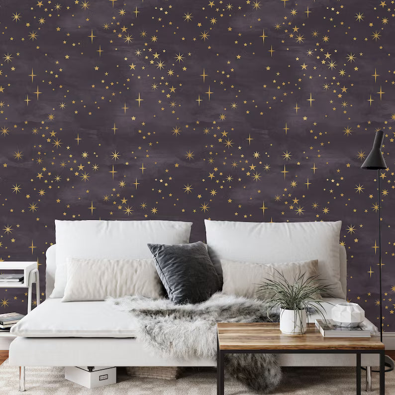 Starry Night Wallpaper Mural: Purple and Gold Shining Stars