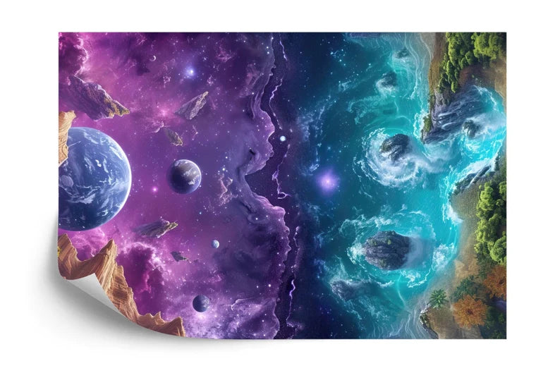 Earth Meets Space Wallpaper Mural, Colorful AI Art