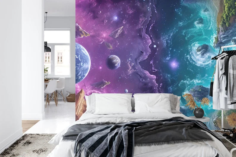 Earth Meets Space Wallpaper Mural, Colorful AI Art