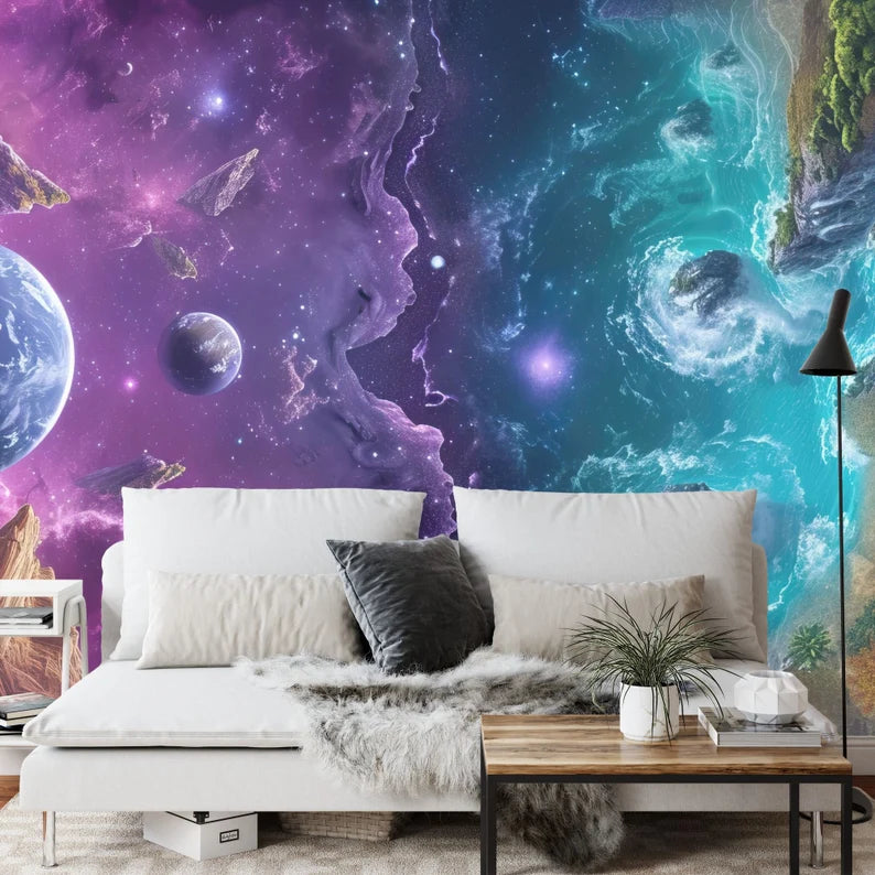 Earth Meets Space Wallpaper Mural, Colorful AI Art