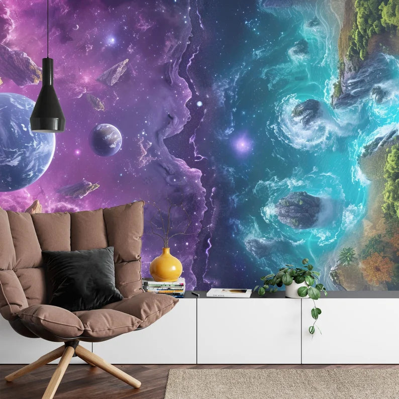 Earth Meets Space Wallpaper Mural, Colorful AI Art