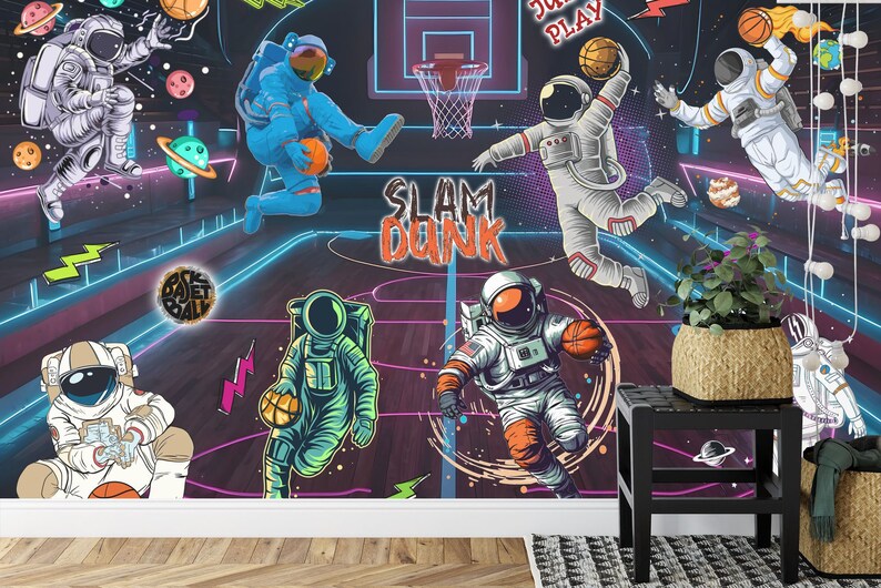 Astronaut Basketball Wallpaper, Kids Room Decor