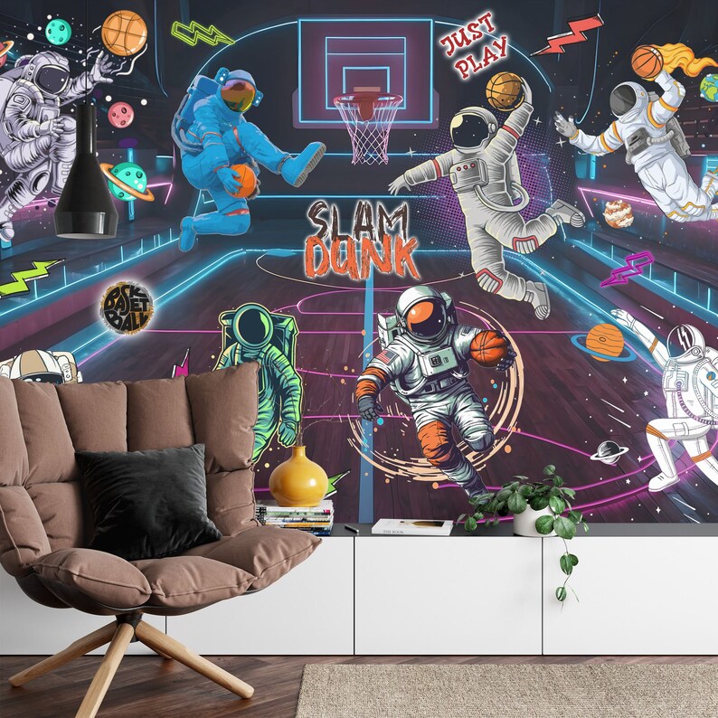 Astronaut Basketball Wallpaper, Kids Room Decor