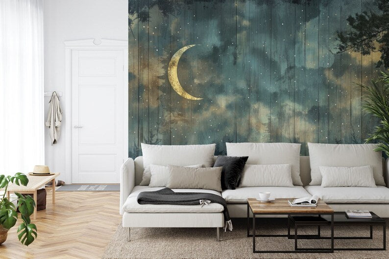 Enchanted Forest Night Sky Wallpaper Mural, Crescent Moon