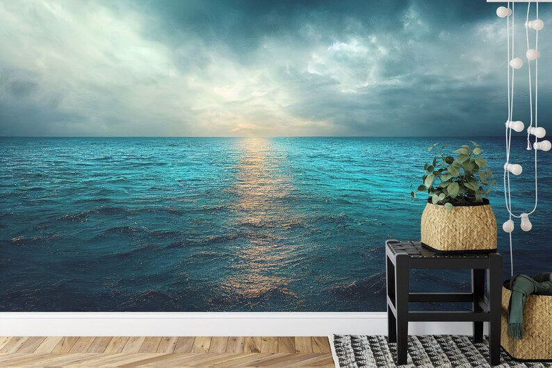 Ocean View Wall Mural, Calm Cloudy Seascape