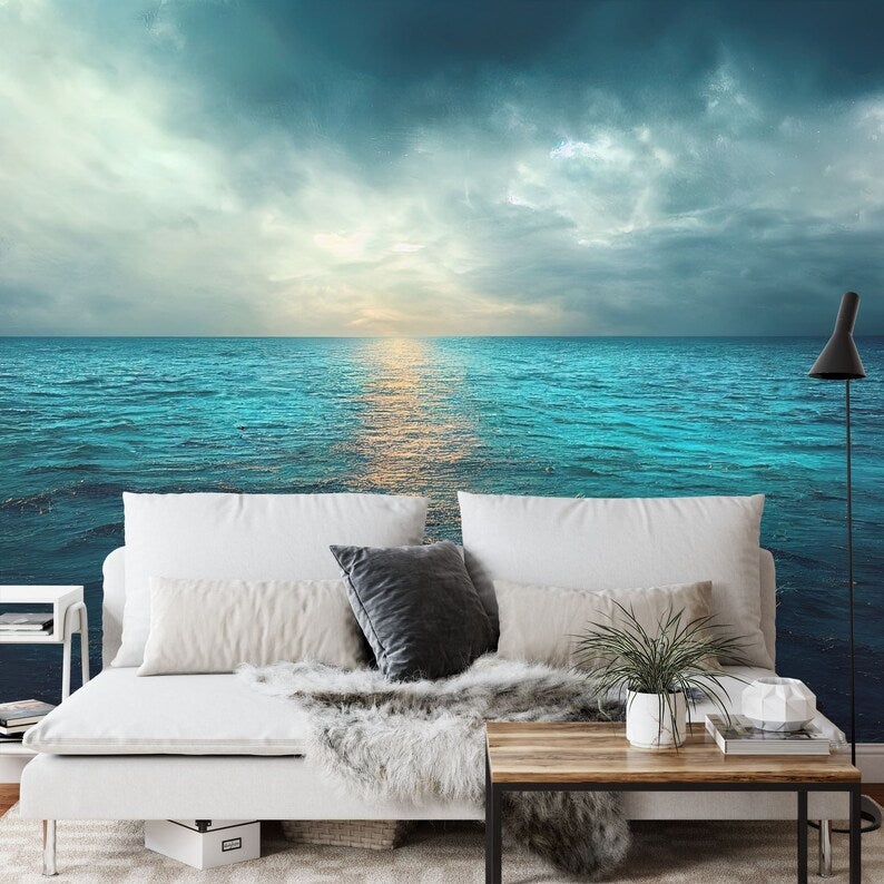 Ocean View Wall Mural, Calm Cloudy Seascape