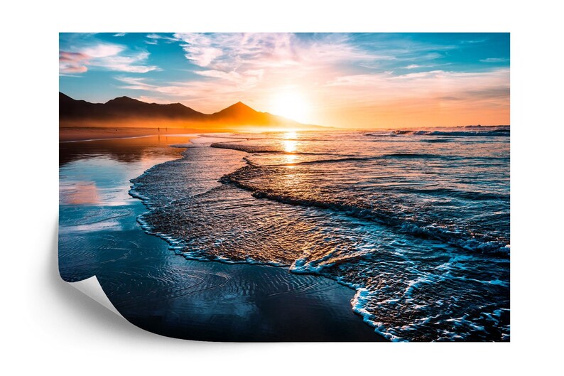 Beach nature wall mural with sunset view and tranquil seaside atmosphere
