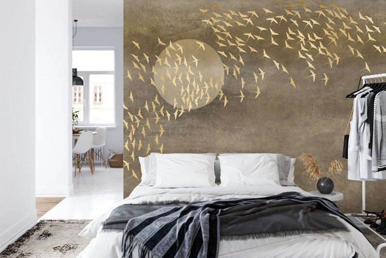 Japanese Gold Birds Wallpaper Mural, Peel and Stick Wall Decal