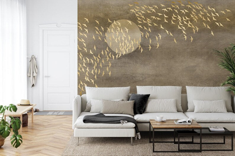 Japanese Gold Birds Wallpaper Mural, Peel and Stick Wall Decal