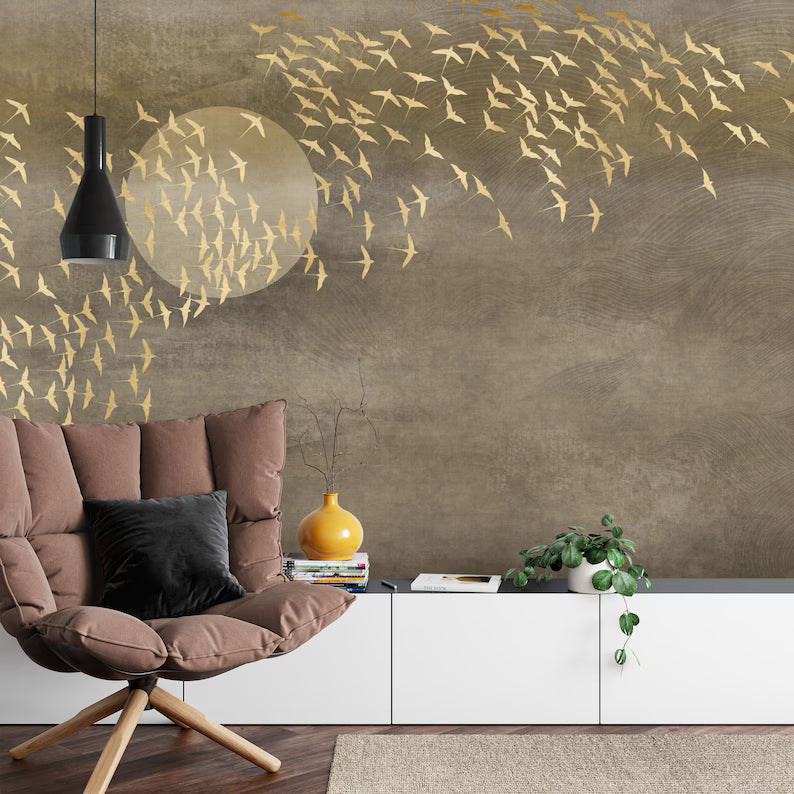 Japanese Gold Birds Wallpaper Mural, Peel and Stick Wall Decal