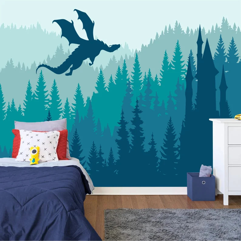 Enchanted forest wallpaper featuring friendly dragon and medieval castle among lush green trees for nursery decor
