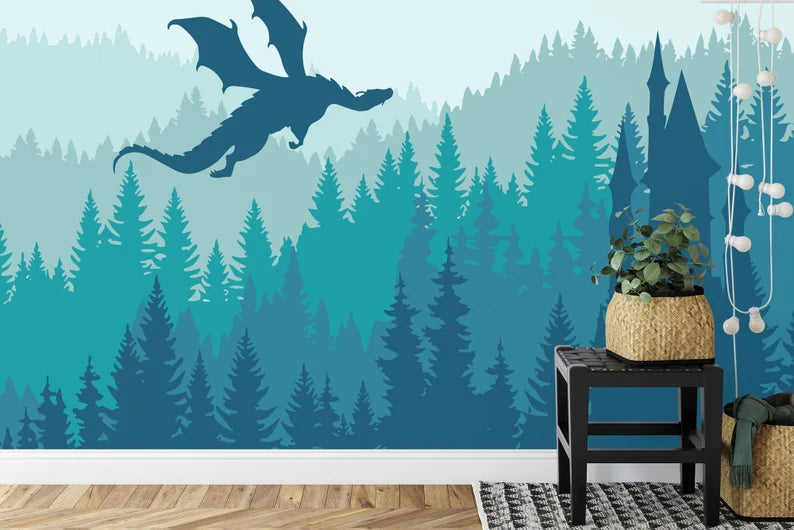 Detailed view of dragon castle nursery wallpaper showing vibrant green forest and storybook castle illustration

