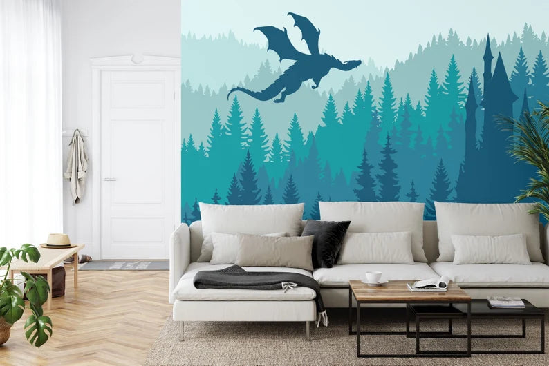 Close-up of whimsical dragon and castle wallpaper design with enchanted woodland theme for children's spaces
