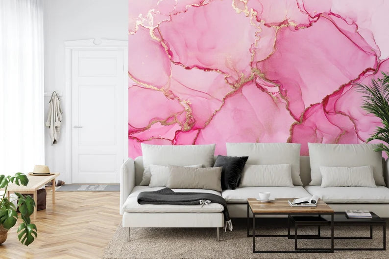 Pink Marble Watercolor Wallpaper Mural, Easy-Install