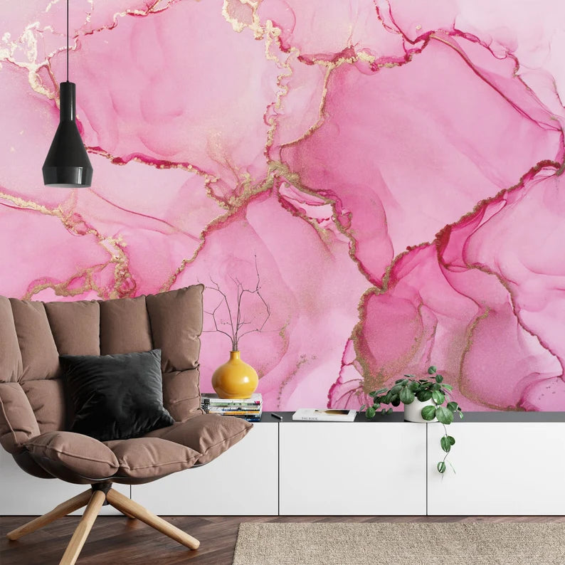 Pink Marble Watercolor Wallpaper Mural, Easy-Install