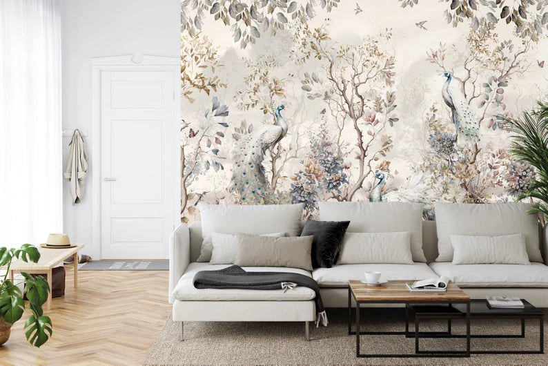 Chinoiserie Peacock Wallpaper Mural: Watercolor Trees & Flowers