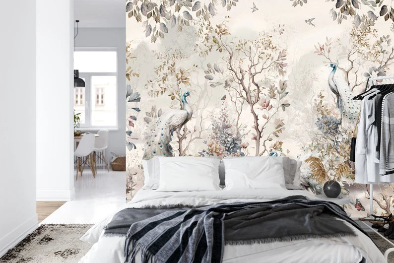 Chinoiserie Peacock Wallpaper Mural: Watercolor Trees & Flowers