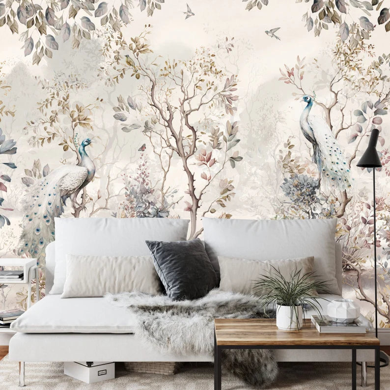 Chinoiserie Peacock Wallpaper Mural: Watercolor Trees & Flowers