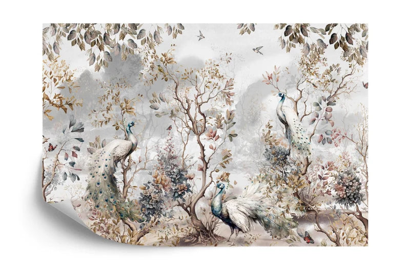 Chinoiserie Peacock Wallpaper Mural, Trees and Flowers
