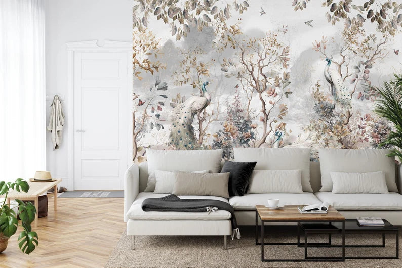 Chinoiserie Peacock Wallpaper Mural, Trees and Flowers