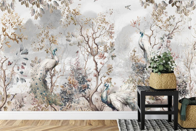 Chinoiserie Peacock Wallpaper Mural, Trees and Flowers