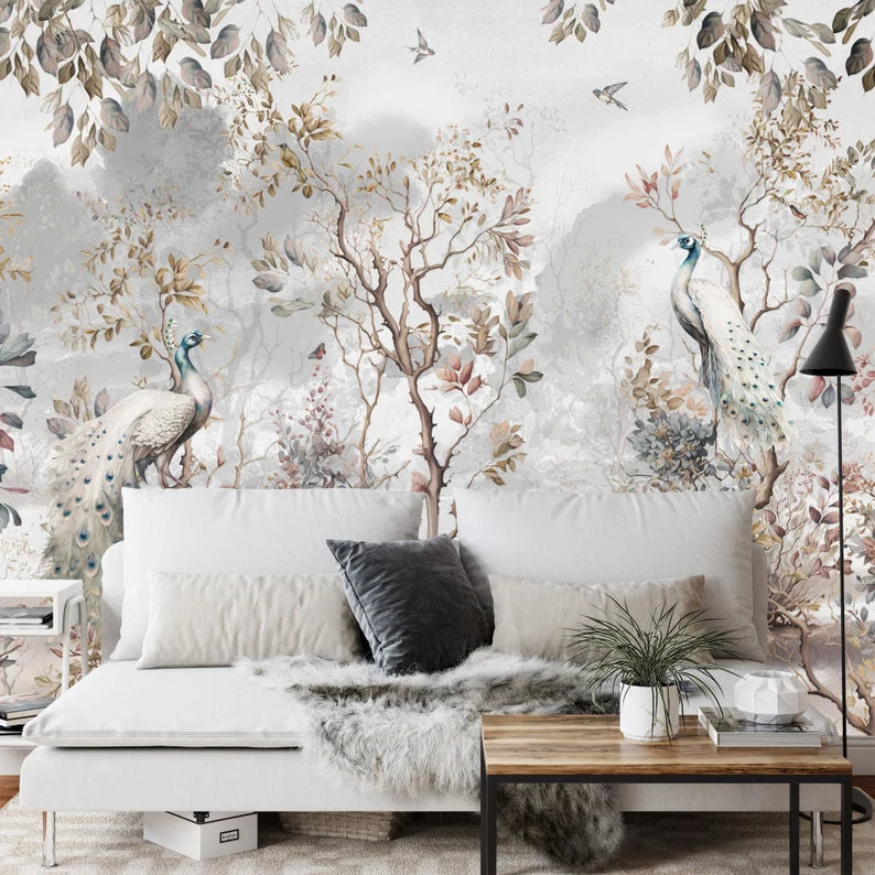 Chinoiserie Peacock Wallpaper Mural, Trees and Flowers