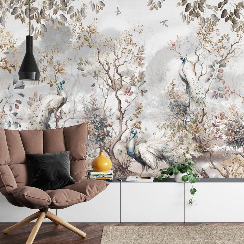 Chinoiserie Peacock Wallpaper Mural, Trees and Flowers