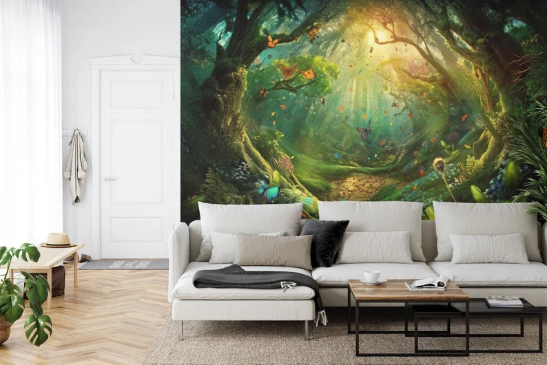 Enchanted Forest Wallpaper Mural, Butterflies Flowers Art