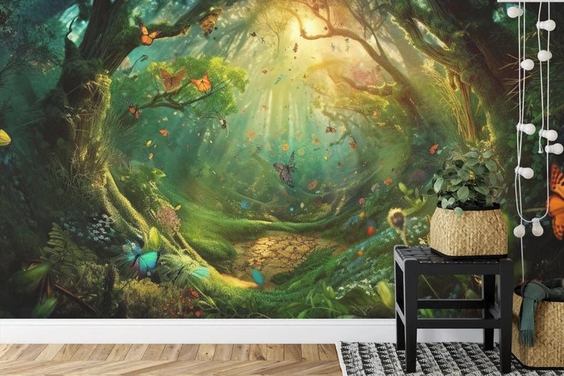 Enchanted Forest Wallpaper Mural, Butterflies Flowers Art