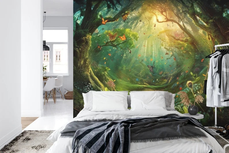 Enchanted Forest Wallpaper Mural, Butterflies Flowers Art