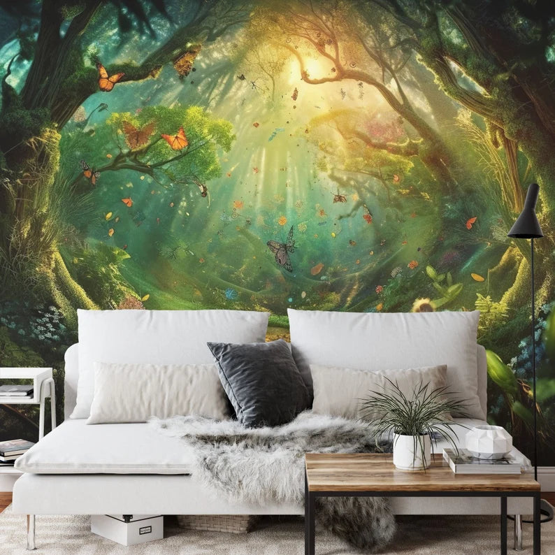Enchanted Forest Wallpaper Mural, Butterflies Flowers Art