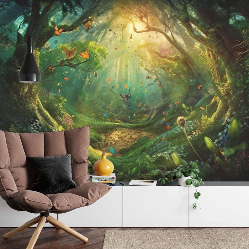 Enchanted Forest Wallpaper Mural, Butterflies Flowers Art