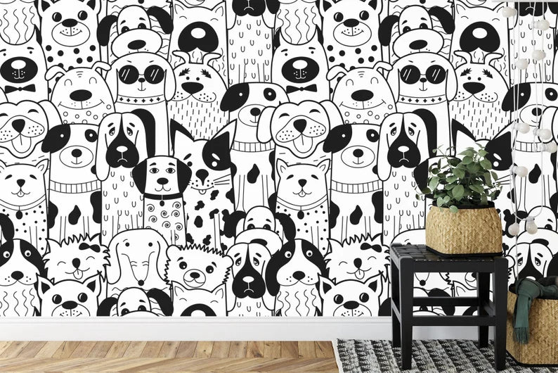 Doodle Dogs Wallpaper Mural, Black and White Art Print