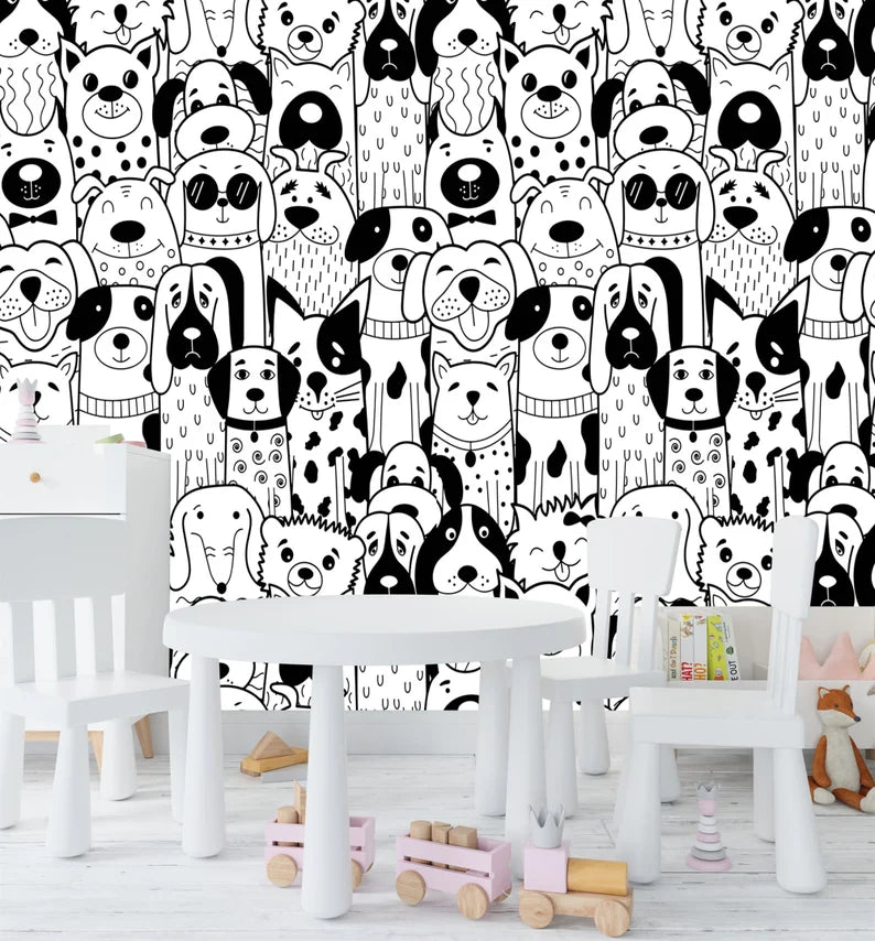 Doodle Dogs Wallpaper Mural, Black and White Art Print