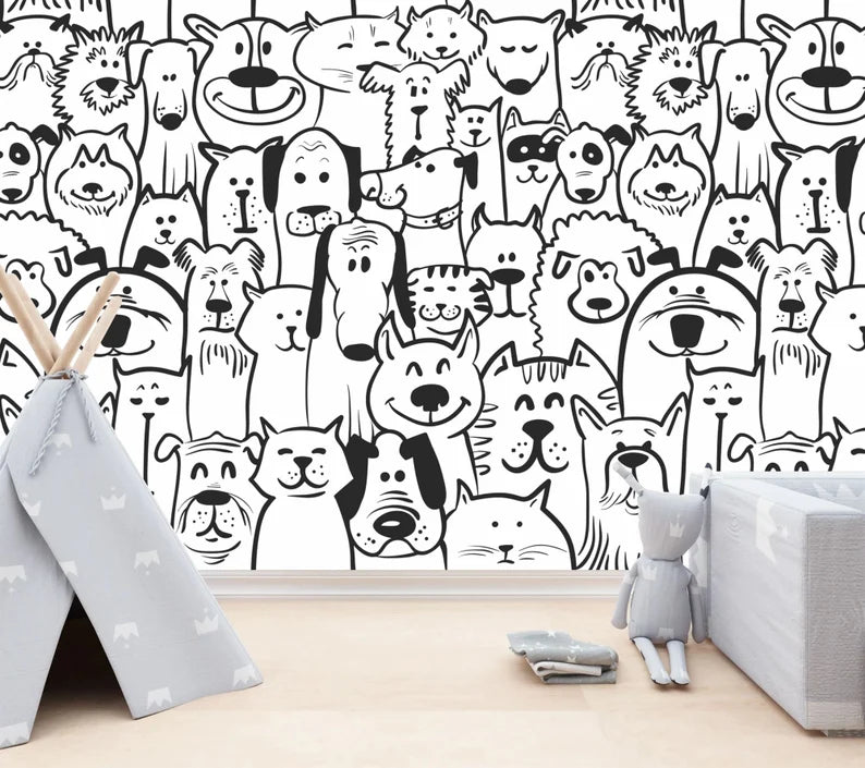 Black and White Doodle Dogs Wallpaper Mural