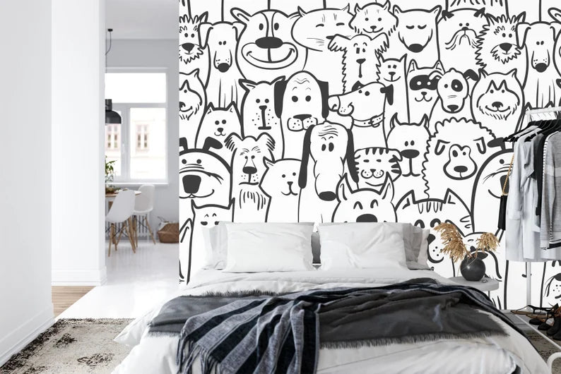 Black and White Doodle Dogs Wallpaper Mural
