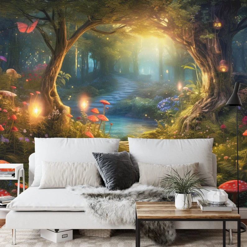 Enchanted Forest Mural, Luminous Mushroom Wall Decal
