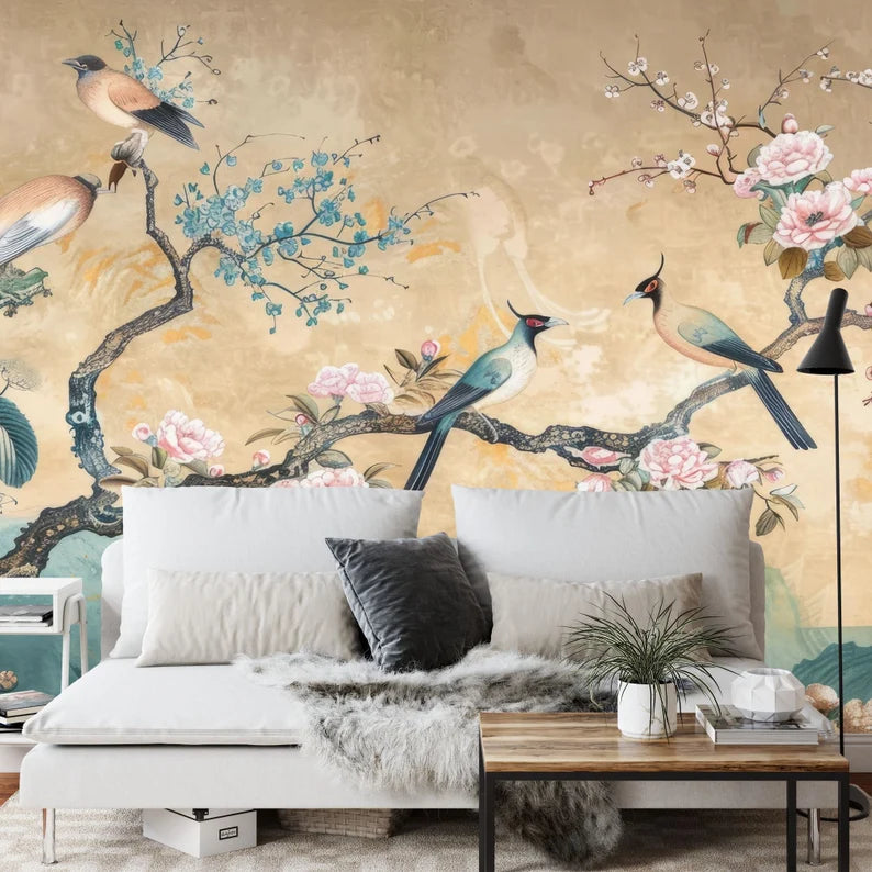 Vintage Chinoiserie Birds and Flowers Wallpaper Mural