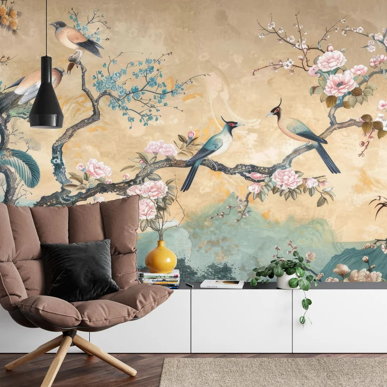 Vintage Chinoiserie Birds and Flowers Wallpaper Mural
