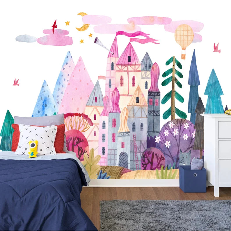 Whimsical watercolor castle wall mural featuring turrets and flags, perfect for children's bedroom decor
