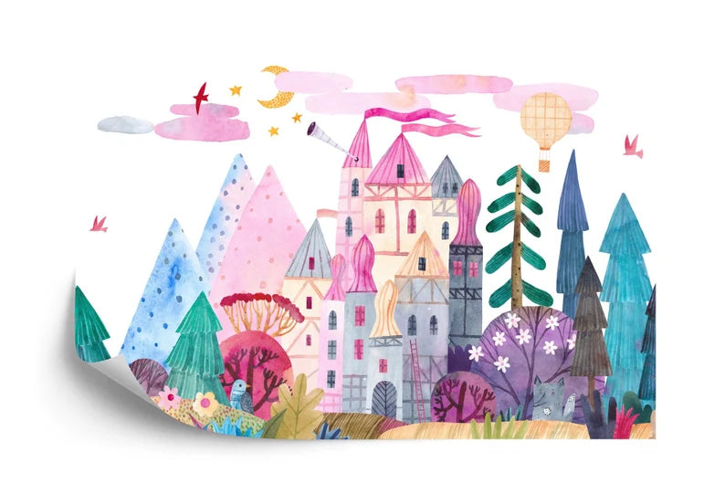 Fairytale castle wallpaper mural detail view showcasing watercolor artistry for kids bedroom walls
