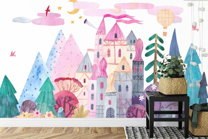 Enchanted castle wallpaper with soft watercolor clouds and magical towers for nursery wall art
