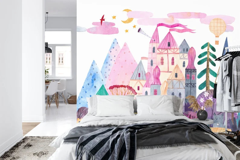 Pastel fairytale castle mural with delicate watercolor details, ideal for kids room transformation
