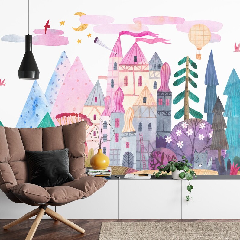 Watercolor Fairytale Castle Wallpaper Mural, Kids Nursery Decor