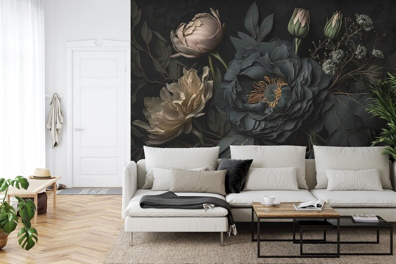 Black Floral Wall Mural, Photorealistic Blooming Flowers