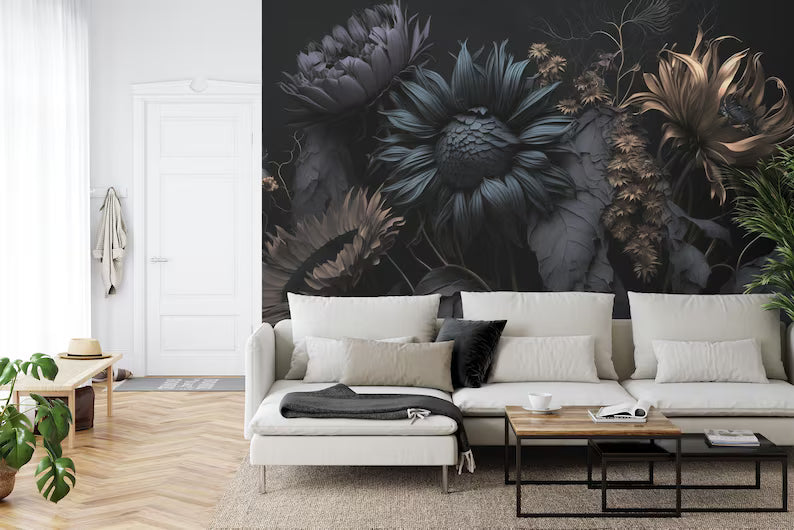 Black Floral Wallpaper Mural, Blooming Flowers